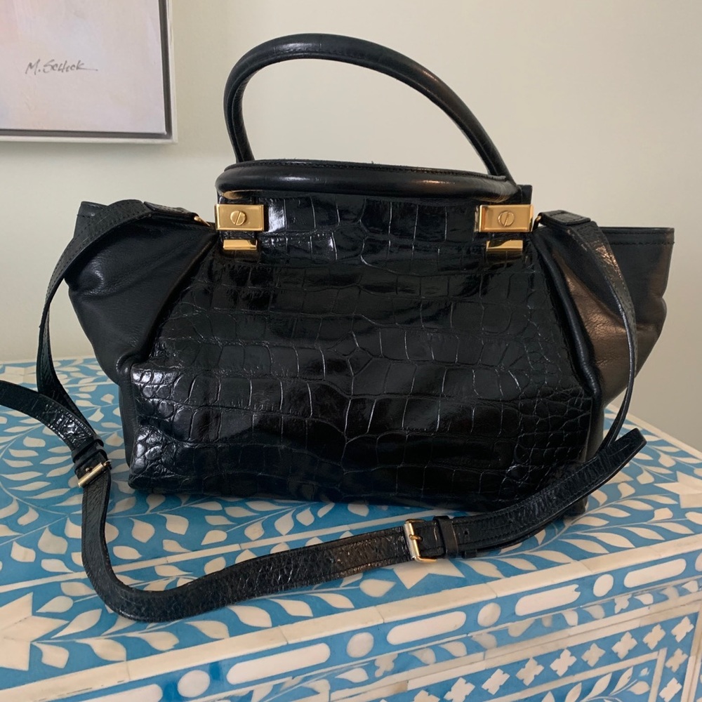 Lanvin Trilogy Croc-Embossed Black Satchel Bag